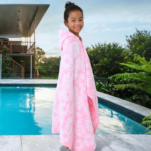 Hooded Bath Towels for Kids (3-10Years) - Soft, Absorbent Turkish Cotton Thick Pool Towels with Hood for Toddler,Perfect for Bath | Beach | Pool | Swim, Jacquard, Pink with White Daisys Theme 5