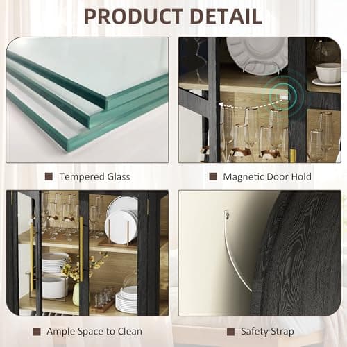 Vlsrka 71" Arched Curio Cabinet with Glass Doors, 4-Shelves Display Cabinet and 2 Drawers, Display Case with 3 Color Lights, Tall Bookcase, Kitchen Pantry, Black+Wood 8