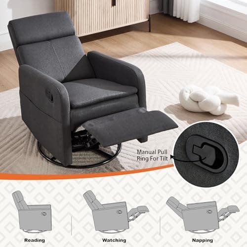 Ketaiyou Swivel Rocking Recliner Chair for Adults, Rocker Nursery Glider Chair for Living Room Bedroom, Upholstered Fabric Reclining Single Sofa Chair(Grey) 6