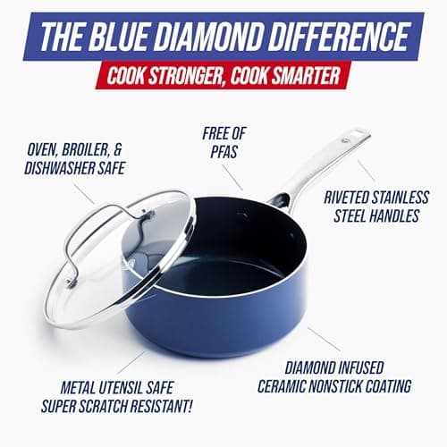 Blue Diamond Nonstick 2QT Saucepan with Lid, Non Toxic PFAS-Free Diamond Ceramic, Dishwasher & Oven Safe, Metal Utensil Safe Pot, Stay Cool Handle, Chef Pan, Glass Lid, Blue 4
