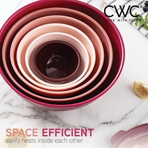 COOK WITH COLOR Mixing Bowls with Lids - 12 Piece Plastic Nesting Bowls Set includes 6 Prep Bowls and 6 Lids, Microwave Safe Mixing Bowl Set, Rose TPR Lid 7