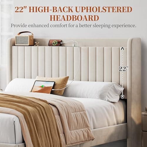 Yaheetech Queen Bed Frame with USB Charging Station and Storage Shelf/Upholstered Headboard Platform Bed with Wing Side/Wooden Slats Support/Noise Free/No Box Spring Needed/Easy Assembly, Beige 7