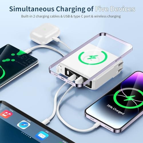 Portable Charger with Built-in Cables&AC Wall Plug10000mAh Wireless Charging(No-Magnetic) Power Bank PD 22.5W Fast Charging USB C Battery Pack for iPhone 17/16/15/14/13 Series, Samsung S23 S22 Android 5
