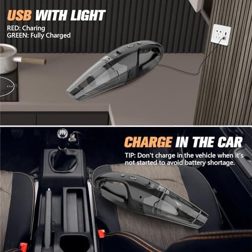 BSRCO Handheld Vacuum Cordless Rechargeable, Car Vacuum Cleaner with LED, USB Charge, 1.65LBs Hand Vacuum Cordless, for Car/Home/Pet, ATJ Attachments 6