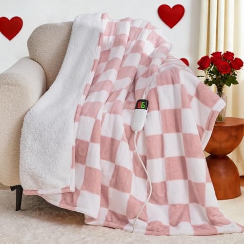 Light Pink Heated Blanket Electric Throw, 50X60 Heating Blanket with 10 Heat Levels & 8 Hours Auto Off for Lap, Checkered Plaid Soft Sherpa Blankets Warmer Gifts for Couch Grandma Women Adults