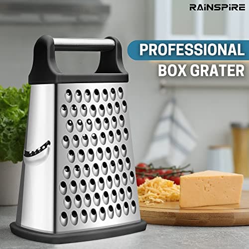 Rainspire Professional Box Grater, Cheese Grater Box for Kitchen Stainless Steel with 4 Sides, Cheese and Spice Graters with Handle for Vegetables, Ginger, Potatoes, Black 6