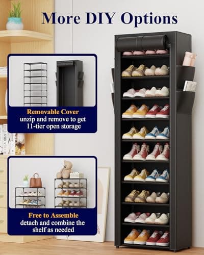 Kitsure Shoe Rack - 10-Tier Large Capacity Shoe Organizer Shelf with Dust Cover & Side Pockets, Rust-Proof Metal Shoe Rack for Closet, Entrance, Living Room, 17.5" x 12.4" x 69.3", Black 7
