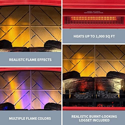 Country Living Infrared Freestanding Electric Fireplace Stove Heater in Deep Red | Provides Supplemental Zone Heat with Remote, Multiple Flame Colors, Metal Design with Faux Wooden Logs 10