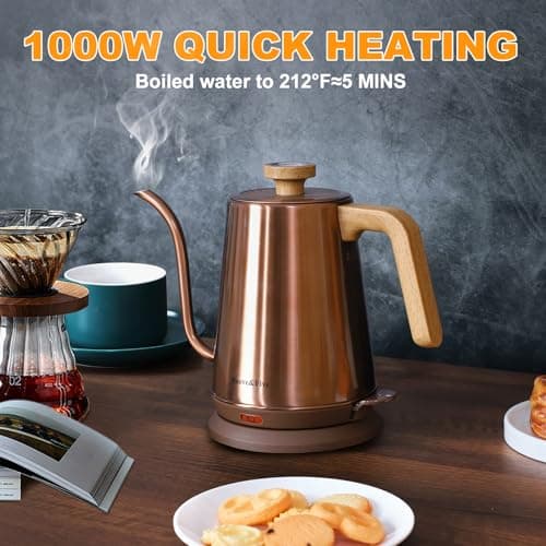 Nueve&Five Gooseneck Electric Kettle with Thermometer, Copper Tea Kettle with Auto Shut-Off,1000W Hot Water Kettle Electric of Stainless Steel,Electric Kettles for,Coffee & Tea 5