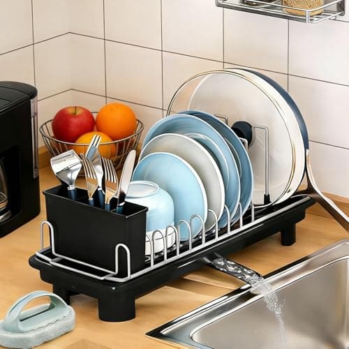 liucocotos Compact Dish Drying Rack for Countertop, Small-Sized for Dorms, RVs & Tiny Kitchens, Auto-Drain, Adjustable Slots, Rust-Resistant with Utensil Caddy & Sponge Holder (Black)