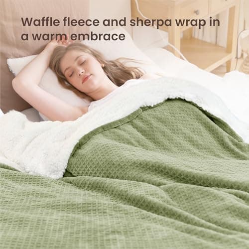 blunique Heated Blanket Electric Blanket Full Waffle,72x84 Inches Sherpa Fleece Fast Heating Blanket 6 Heating Levels & 10 Hours Auto Off ETL Certification,Sage Full 2