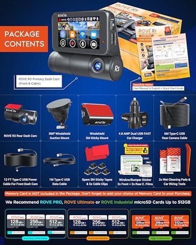 ROVE R3 Dash Cam Front and Rear with Cabin, 3” IPS Touch Screen, 3 Channel Dash Cam 1440P+1080P+1080P, IR Night Vision, 5GHz WiFi, Up to 30MB/s Download Speed, Quad-Mode GPS, Supports 512GB Max 6