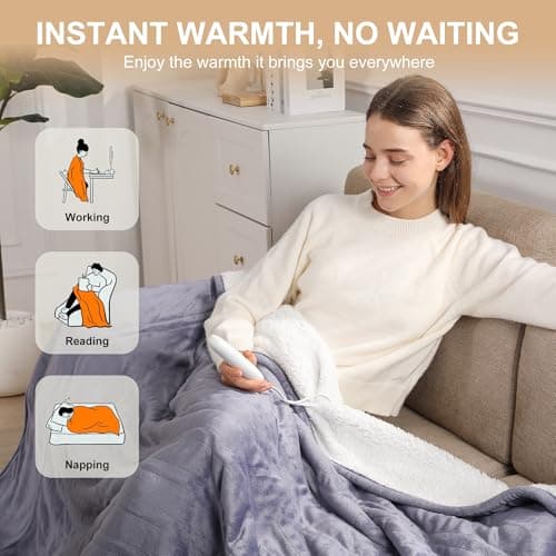Heating Blankets Heated Throw 50''X60'' - Purple Heated Blanket Flannel Sherpa Double Sided Electric Blanket with 5 Heat Settings & 4 Hours Auto-Off, Small Electric Throw for Grandma Gifts(Lavender) 7