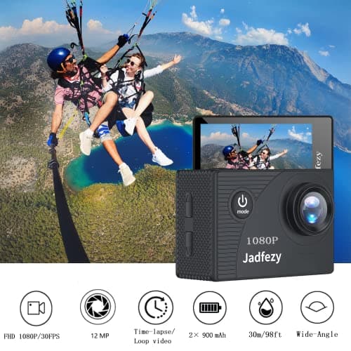 Jadfezy Action Camera FHD 1080P with 32GB Card, 98FT/30M Underwater Waterproof Camera with 2 Rechargeable Batteries, Wide Angle Sports Camera with Accessories Kit Suitable for Helmet, Bicycle, etc. 5