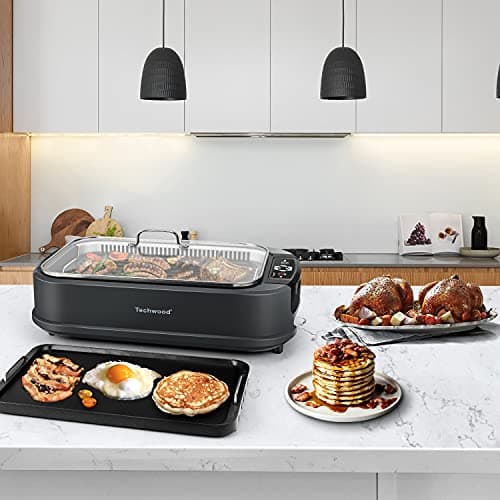 Indoor Grill, Techwood 1500W Smokeless Electric Grill with 2 in1 Nonstick Grill/Griddle Plates, Portable Korean BBQ Grill with 6-Level Control, Glass Lid, Dishwasher Safe, Double Plates, Gray 7