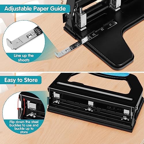 AFMAT 3 Hole Punch Heavy Duty, 9/32" Holes, 50-Sheet Hole Puncher 3 Ring, 50% Reduced Effort, Adjustable Two & Three Hole Punch, Metal Paper Puncher w/Large Chip Tray, Metal Paper Guide, Black, HP18 6