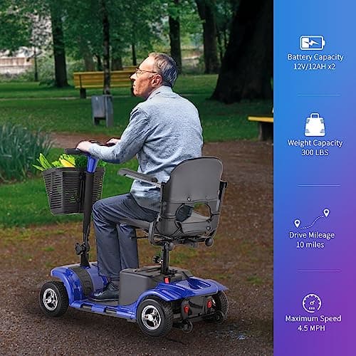 Mobility Scooter for Adults, Senior, Skmc 4 Wheels Electric Powered Chargeable Device for Travel, Lightweight and Portable, with LED Headlights and Basket, Charger Included, Red/Blue (Blue Blue) 6