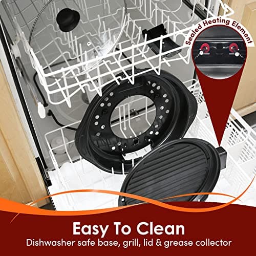 Elite Gourmet EMG1100 11" Electric Indoor Nonstick Grill Dishwasher Safe, Cool Touch, Fast Heat Up Ideal Low-Fat Meals, Includes Tempered Glass Lid, Black 5