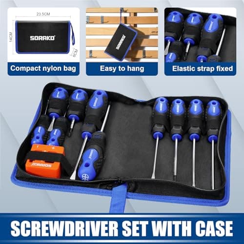 SORAKO 12 Piece Magnetic Screwdriver Set 5 Phillips and 5 Flat 1 Magnetising Tool 1 Storage Bag Professional Cushion Grip Hand Tools Set for Fastening and Loosening Seized 5