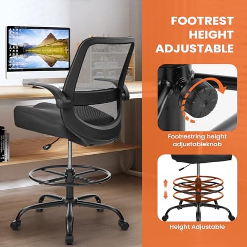 KWKSV Drafting Chair for Standing Desks, 500LBS Capacity Tall Office Chair with Adjustable Height, Foot Ring, Flip-Up Armrests, Thick Curved Seat for Home Office, Drawing, and Creative Work 8