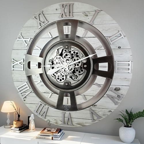 ImprovingLife The Gears Clock Real Moving Gear Wall Clock England Line (White Farmhouse, 24 inches (60 cm))