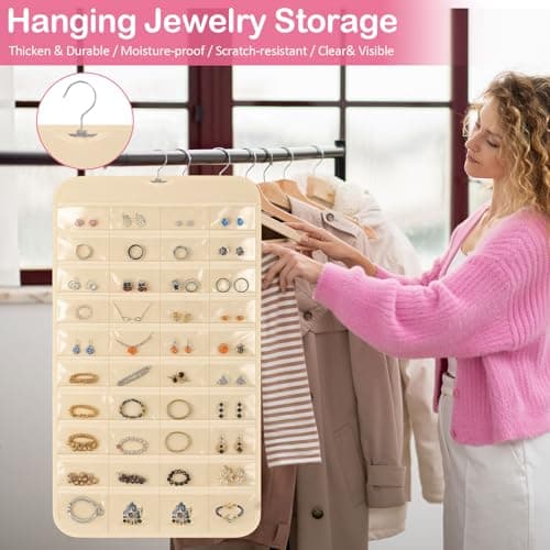 Okxiri 1 Pack Hanging Jewelry Organizer, 80 Clear Pockets earring organizer and storage, Accessories holder organizer for Closet, Jewelries, Necklace, Travel 5