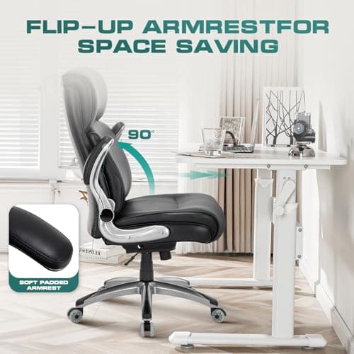 COLAMY High Back Office Chair Big and Tall 300lbs, Ergonomic Desk Armchair with Adjusatble Lumbar Support, Upgraded Casters, Flip-Up Padded Arms, Leather Home Chair with Thick Cushion-Black 5