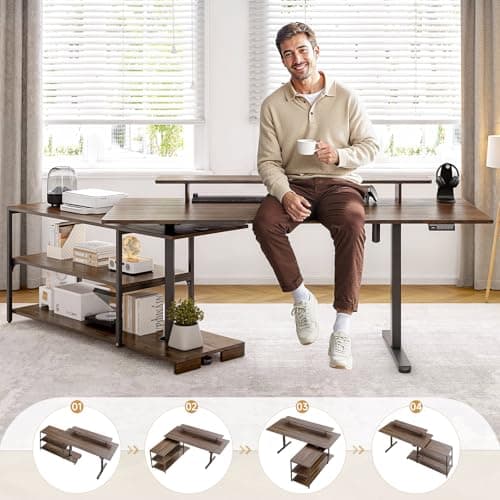 ONBRILL L Shaped Standing Desk with File Cabinet, 63x24'' Electric Stand Up Desk with Monitor and Storage Shelf, Adjustable Height 28-46'' for Home and Computer Workstation, Walnut 7