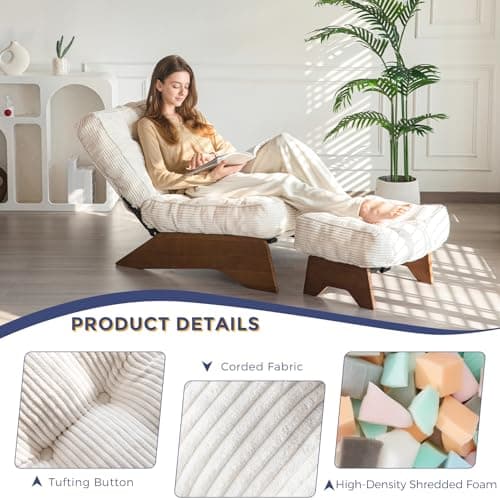 MAXYOYO Accent Chair with Ottoman Adjustable Backrest, Tufted Living Room Chair Upholstered Lounge Chair with Footrest Set, Modern Chair Cozy Reclining Chair for Reading Room, Beige 5