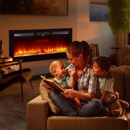 LuyFuitre 50" Electric Fireplace Wall Mounted, Recessed Wall Fireplace Electric with Remote Control & Touch Screen, Ultra Thin Electric Fireplace Heater, Adjustable 12 Flame Colors 5 Speed, 750/1500W 7