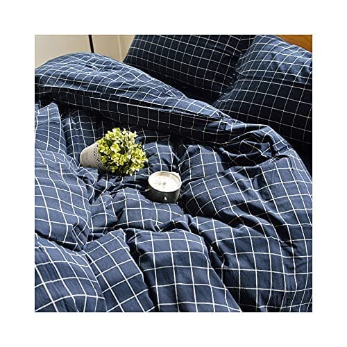 F.Y.Dreams 100% Washed Cotton Duvet Cover for Weighted Blanket 60x80 inches with 16 Ties, Zipper on Long Side/Navy Grid/Just Duvet Cover 5