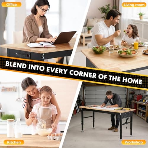 60" Adjustable Workbench with Rubberwood Top & Power Outlet,Large 60 x24Inch 9-Level Height Range 27"-37", 2000 LBS Heavy Duty Capacity for Workshop, Office, Garage, Home 6