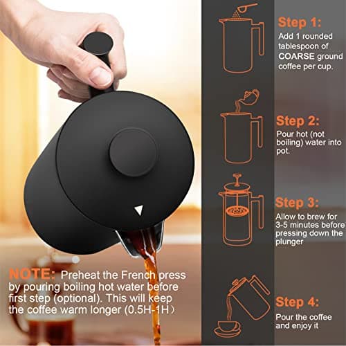 Secura French Press Coffee Maker, 304 Grade Stainless Steel Insulated Coffee Press with 2 Extra Screens, 34oz (1 Litre), Black 7