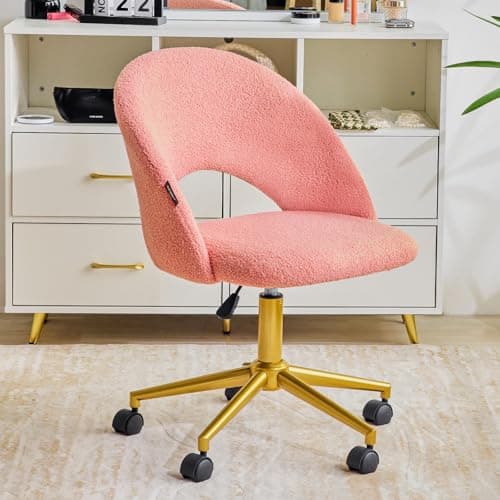 Redlife Small Fluffy Office Chair Swivel Desk Chair with Gold Base, Tufted Cute Desk Chairs with Wheels Modern Vanity Chairs for Living Room Home Makeup Room Bedroom, Height-Adjustable (Pink)