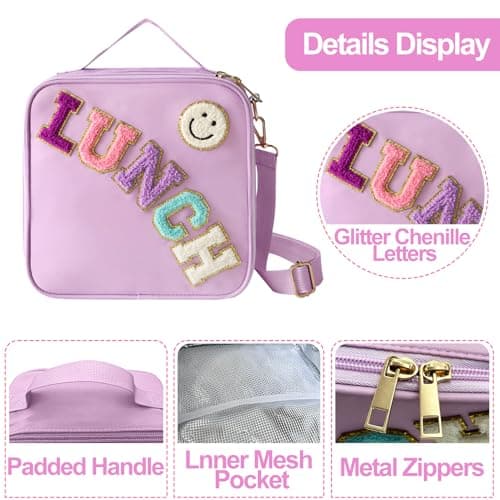 Insulated Lunch Bag With Adjustable Shoulder Strap, Nylon Preppy Lunch Box Large Insulated Lunch Bag Reusable Lunch Tote Bag with Smiley Preppy LunchBag for Girls School Travel Picnic (Purple) 4