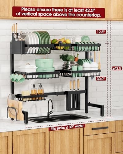 Sakugi Dish Drying Rack - Over The Sink Dish Drainer Drying Rack with Utensil & Knife Holder, Hooks, Stainless Steel Kitchen Organizers and Storage Solution, 11.8" D x 31.5"~39.0''W x 30" H, Black 7