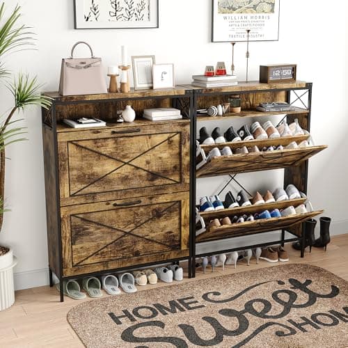 Maupvit Shoe Storage Cabinet with 2 Flip Drawers with Metal Legs，Adjustable Shelves，Entryway Hidden Shoe Storage，Shoe Organizer for Entryway (Brown)