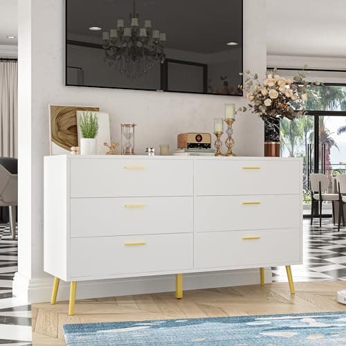 Hitow 6 Drawer Dresser for Bedroom，Modern Wide Double Dresser with Metal Legs, Home Office Storage Dresser, Chest of Drawers for Living Room, White (54" W x 15.6" D x 30.1" H)