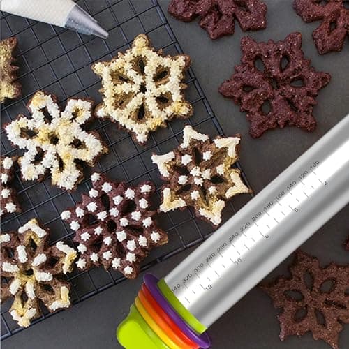 Mepple Stainless Steel Rolling Pin with Thickness Rings for Fondant, Pizza, Cookie, Pastry, Pie,Roller Rod for Dough Thickness,Rolling Pin for Baking, 13.6" with 4 Thickness Rings and Wooden Stand 5