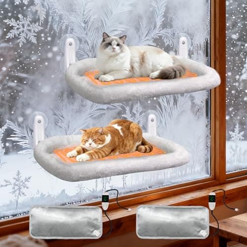 L&W BROS. 2PC Cat Heated Window Perches with Adjustable Thermostat & Timer – Dual Hammocks with Strong Suction Cups, Easy-to-Clean Warm Beds for Multi-Cat Homes, Holds Up to 50lbs Each (L 2PC)