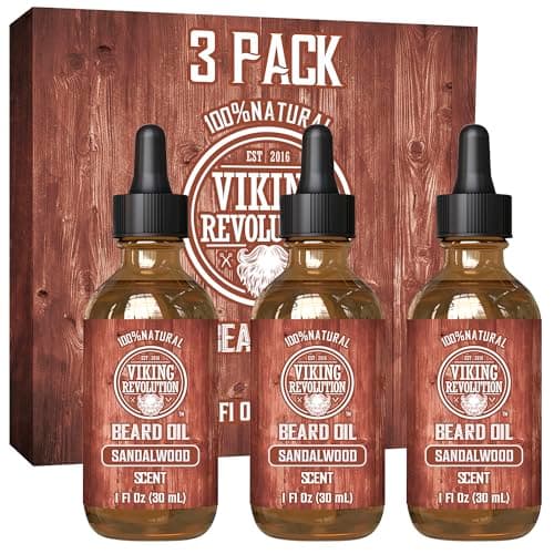 Viking Revolution Sandalwood Beard Oil for Men - Natural Mens Beard Oil with Argan Oil and Jojoba Oil - Beard Softener, Strengthens and Moisturizes - Beard Conditioner for Men (Sandalwood, 3 Pack)
