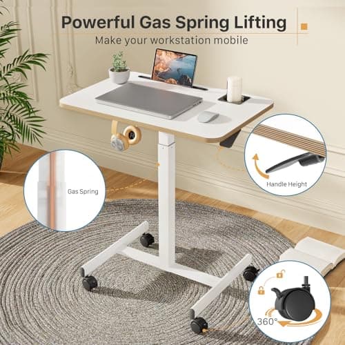 Liftsync Mobile Standing Desk, Rolling Laptop Cart Adjustable Height with Cup Holder, 28 inch Portable Table with 4 Lockable Wheels, White Computer Workstation with Hook and Slots for Home Office 5