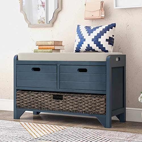 SOFTSEA Upholstered Storage Bench for Entryway, Wood Storage Ottoman with Removable Basket and 2 Drawers, Farmhouse Shoe Bench with Seat Cushion for Entryway, Living Room, Full Assembled, Navy