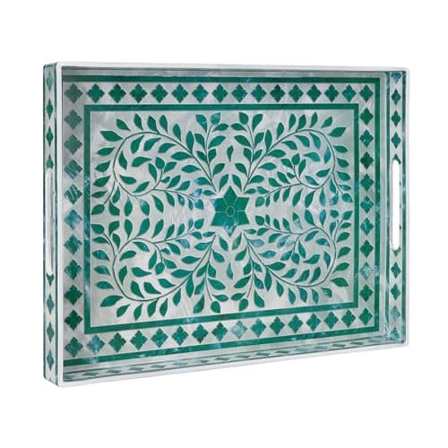 MAONAME Rectangular Decorative Tray, Plastic Serving Tray with Handles, Modern Green Trays for Ottoman, Coffee Table Trays for Living Room, Home Decor, 15.7" x 11.8" x 1.6"
