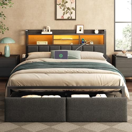 Furnulem Queen Bed Frame with Storage Drawers, Upholstered Headboard with LED Light & Charging Station, Metal Platform Bed Frame Queen Size, Noise Free, No Box Spring Needed, Black (1200 lbs Capacity)