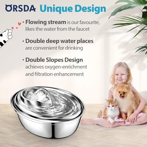 ORSDA Cat Water Fountain Stainless Steel, 2L Pet Fountain for Cats Inside, Dog Water Dispenser, Automatic Cat Drinking Fountains with 6 Replacement Filters for Cats, Small Dogs 2