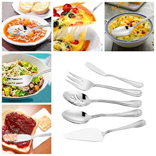 HaWare Serving Utensils, 5 Pieces Stainless Steel Silverware Set, Pearled Edge Hostess Flatware for Buffet Party Kitchen Restaurant, Mirror Finished & Dishwasher Safe 6