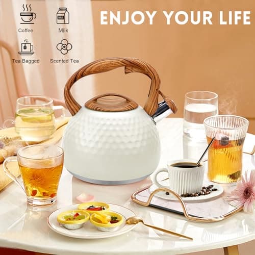 GGC Tea Kettle for Stove Top, Loud Whistling Kettle for Boiling Water Coffee or Milk, 3.1 Quart 3L Heavy Stainless Steel White Kettles with Wood Pattern Handle, Unique Button Control Kettle Outle 7