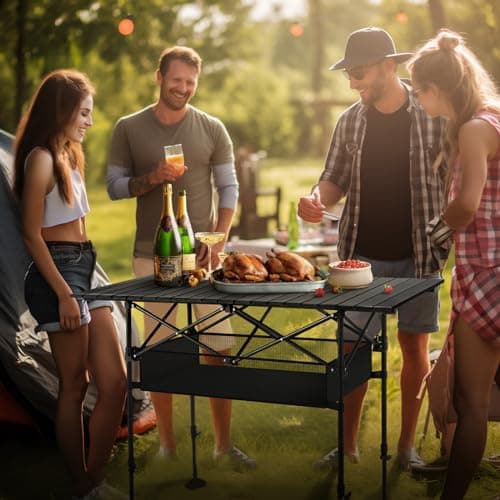 ALPHA CAMP Folding Camping Table, Portable Roll-up Table with Adjustable Height, Large Storage Bag and Carrying Bag, Tall Aluminum Table for Indoor & Outdoor Picnic BBQ Backyards Beach 8