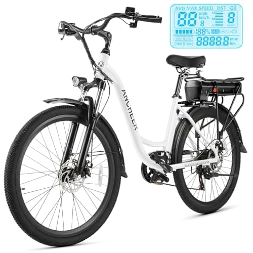 ANCHEER Electric Bike for Adults, 48V 500Wh EBike, UP to 60 Miles, Removable Battery, Fast-Charge, 26" Commuter Electric Bicycles, 7-Speed, LCD Digital Display, Suspension Fork, Cruise Control, UL2849